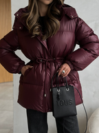 Women's Drawstring Slim Fit Cotton Padded Jacket Hooded Zipped Cotton Padded