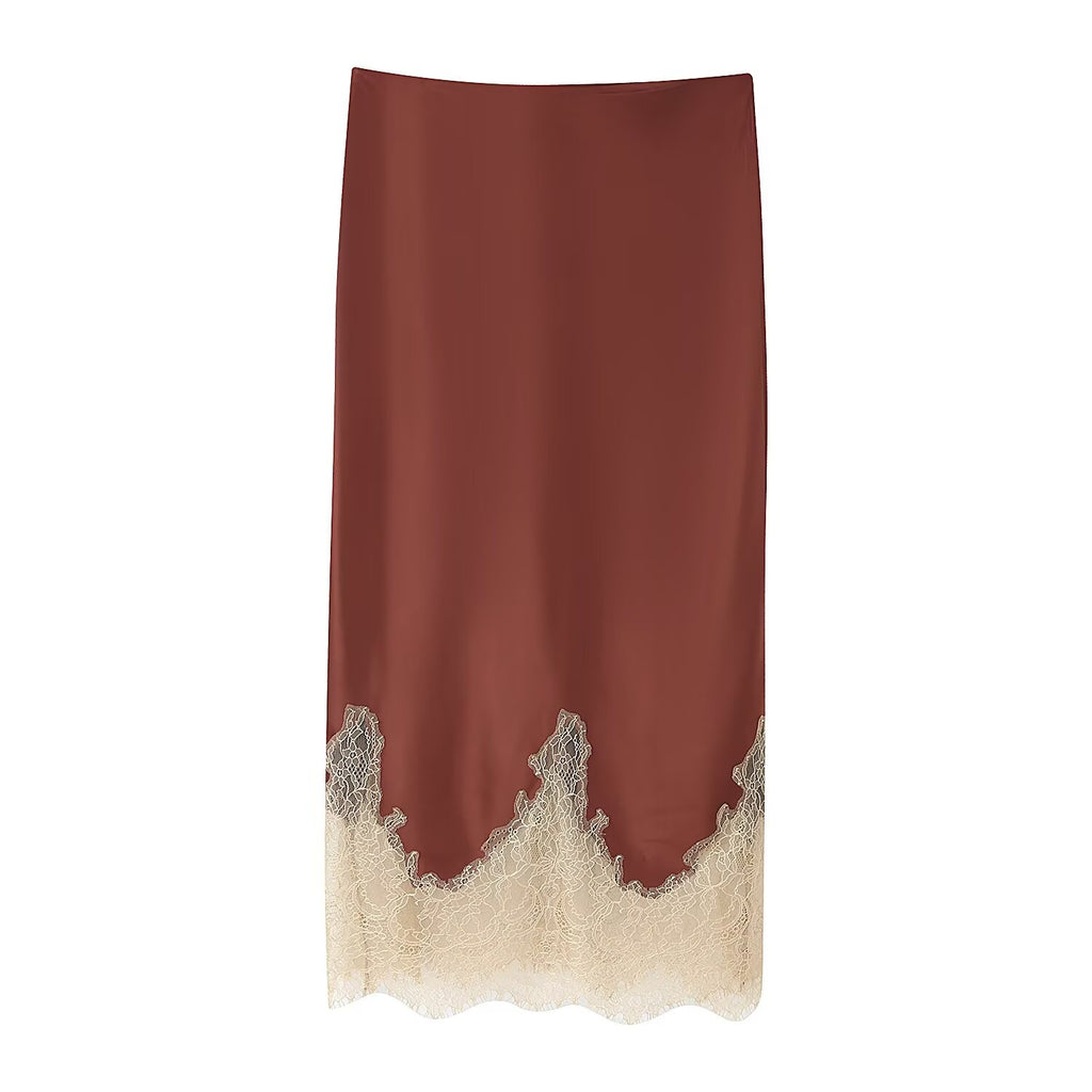 Women's Top Product Contrast Color Lace Trim Silk Satin Textured Skirt