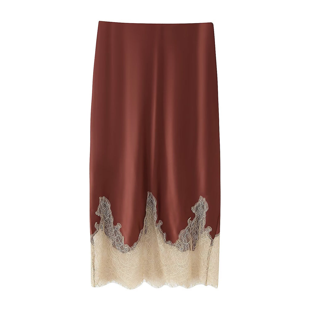 Women's Top Product Contrast Color Lace Trim Silk Satin Textured Skirt