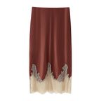 Women's Top Product Contrast Color Lace Trim Silk Satin Textured Skirt