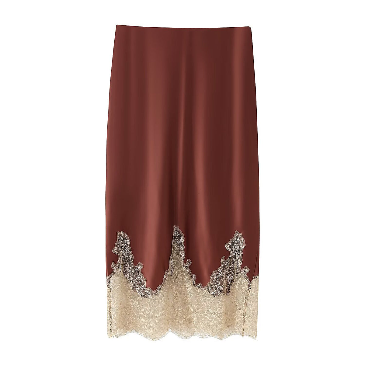 Women's Top Product Contrast Color Lace Trim Silk Satin Textured Skirt