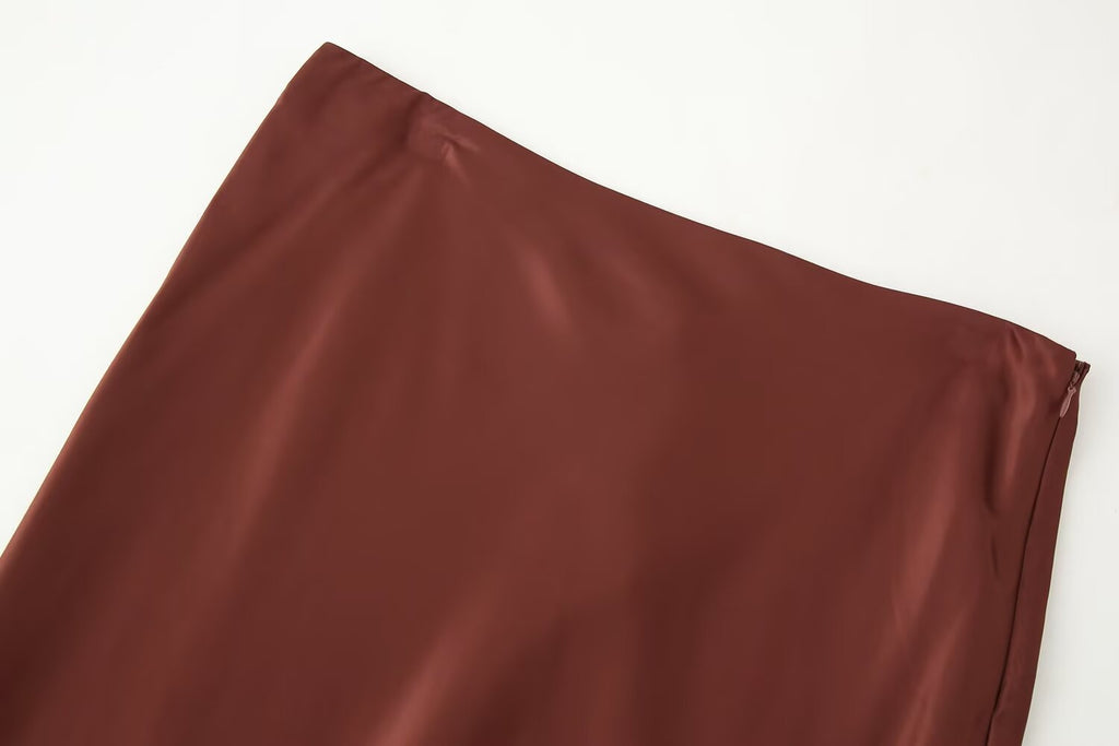 Women's Top Product Contrast Color Lace Trim Silk Satin Textured Skirt