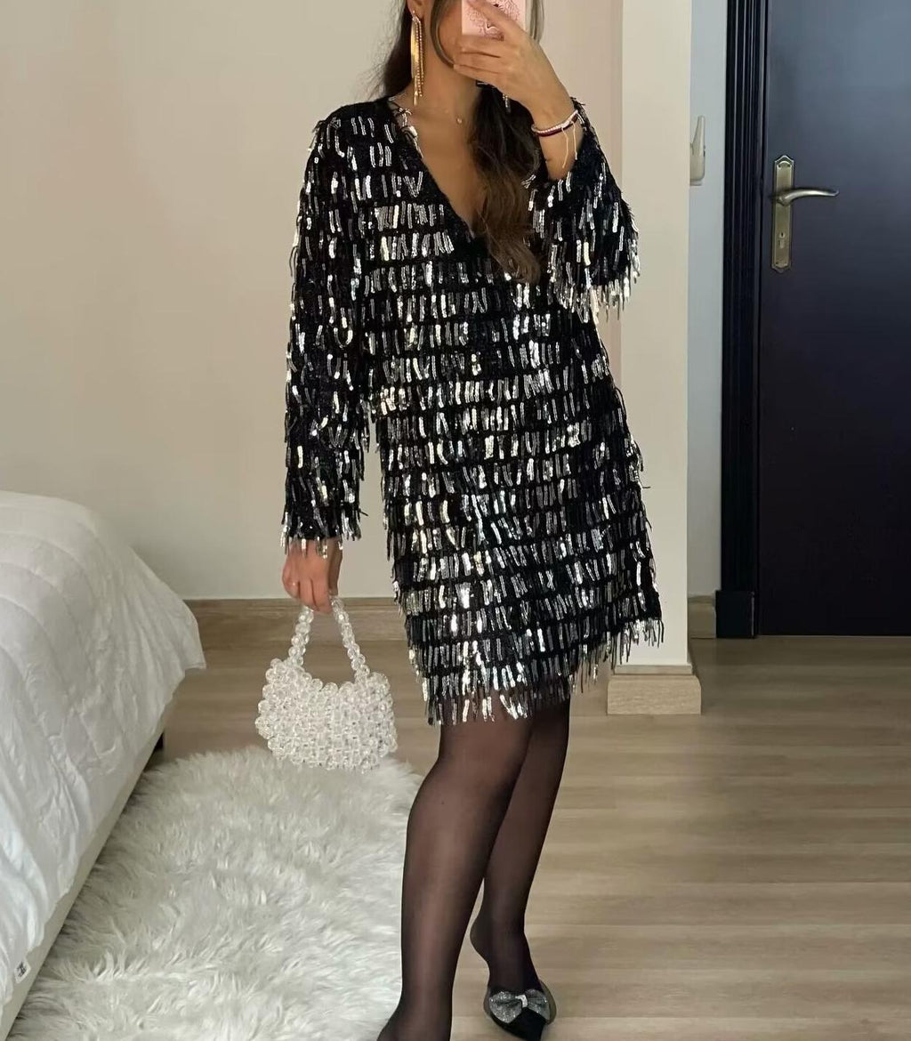 Winter Street V-Neck Tassel Sequ Dress