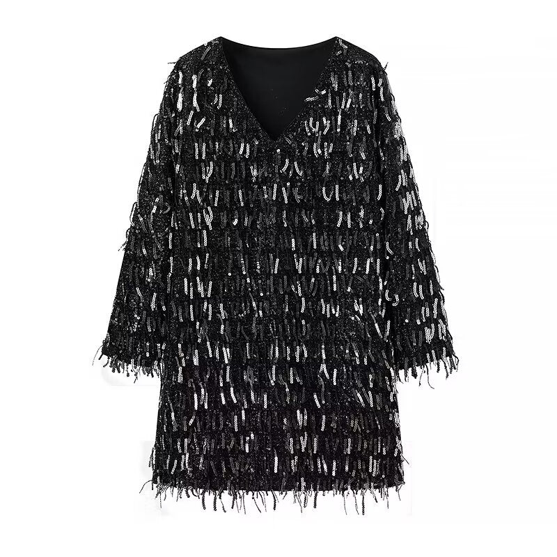 Winter Street V-Neck Tassel Sequ Dress