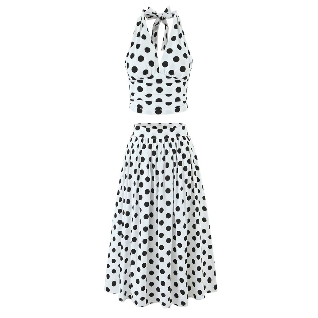 Women's Polka-Dot Ruched Smocked Midi Skirt Set