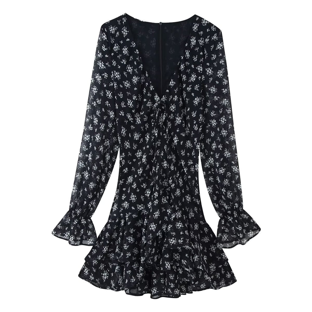 Printed Long-Sleeve V-Neck Dress