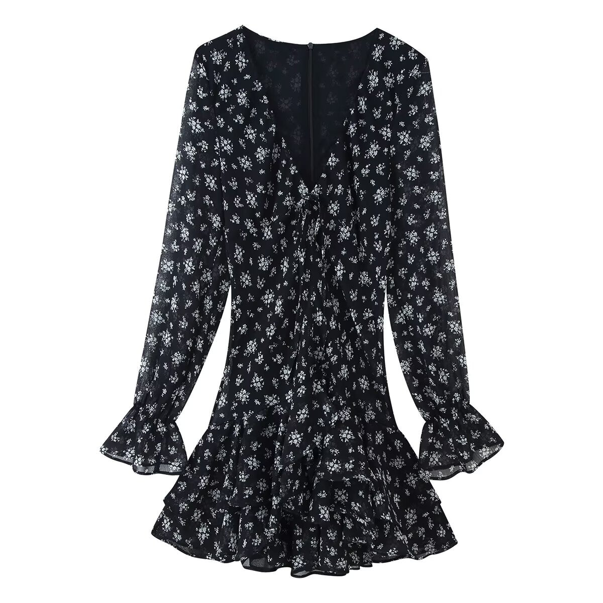 Printed Long-Sleeve V-Neck Dress