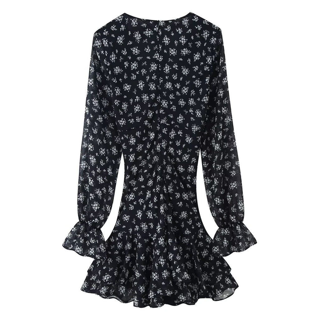 Printed Long-Sleeve V-Neck Dress