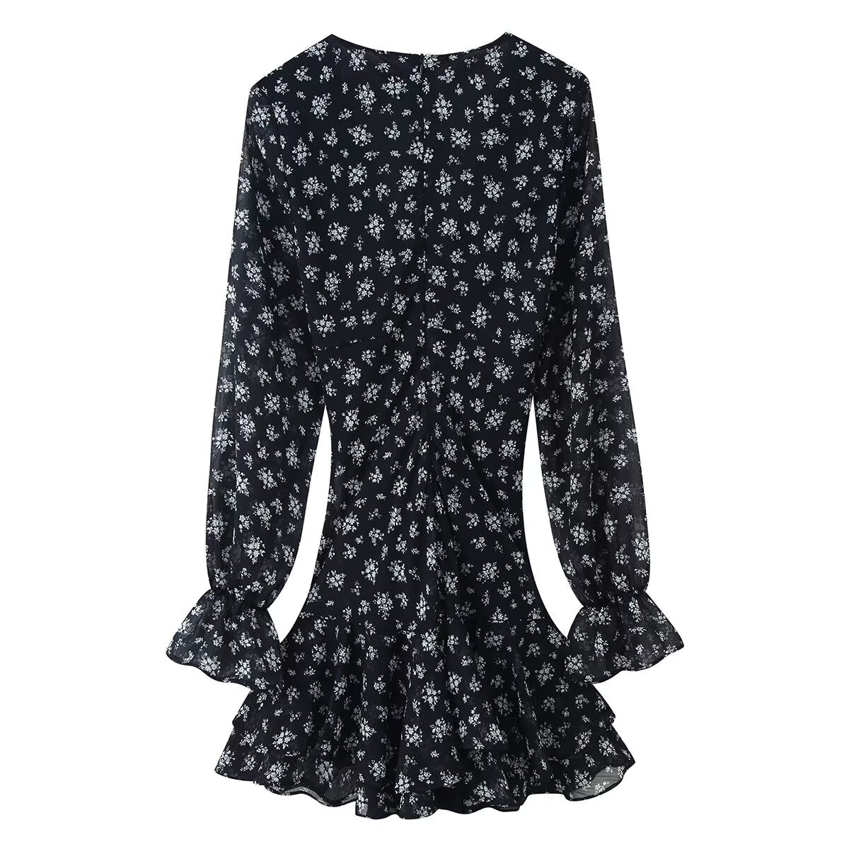 Printed Long-Sleeve V-Neck Dress