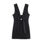 V-Neck Bow Rhinestone Long-Sleeve A-Line Mini Dress