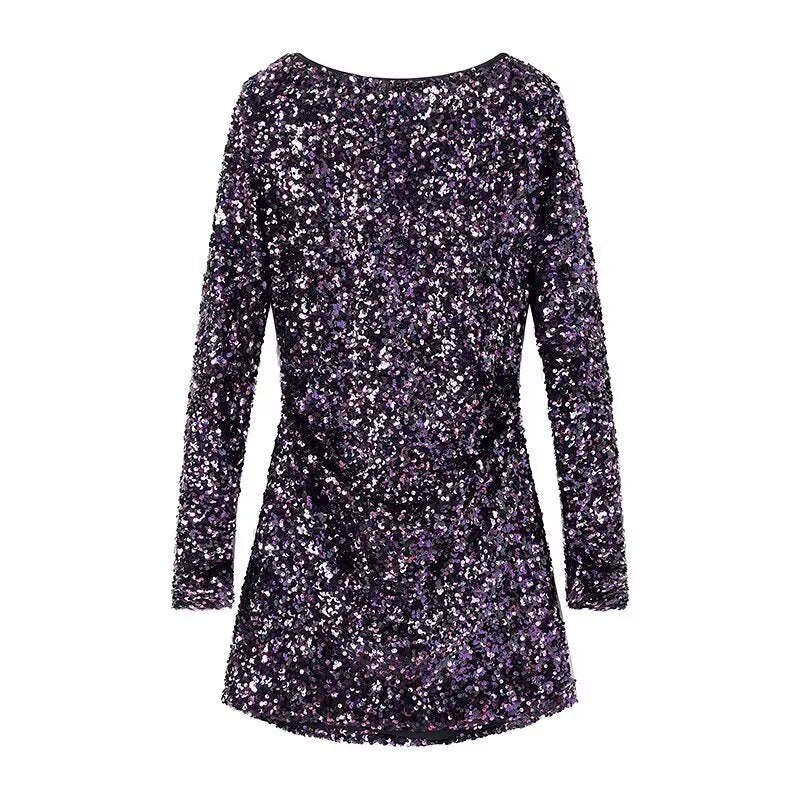 Long Sleeve Round Neck Small Dress Sequined Mini