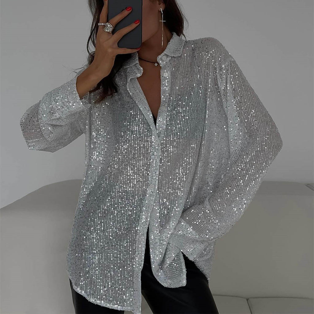 Women's Sequin Top Collared Long Sleeve Cardigan Basic