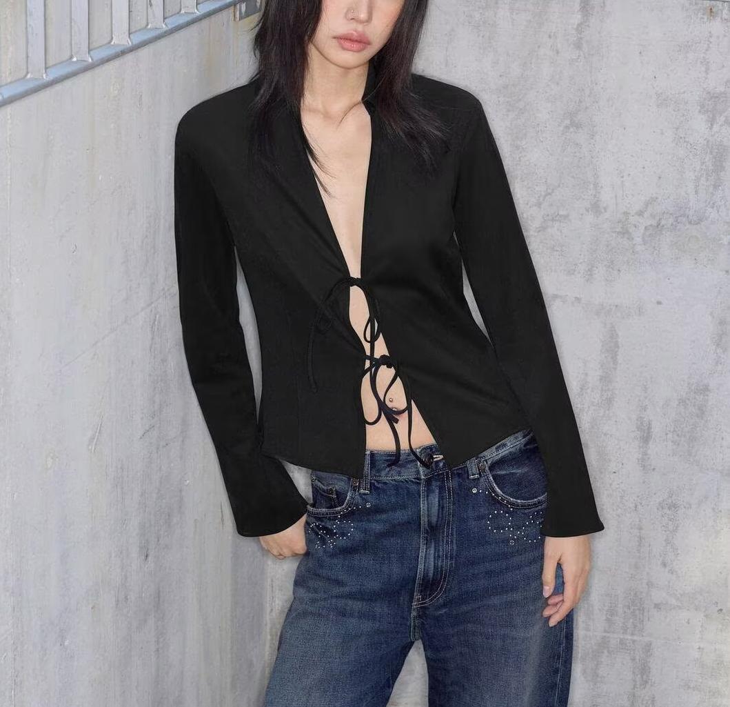 Women's Clothing Winter Graceful Fashionable Suede Effect Long Sleeve Lace Up Shirt