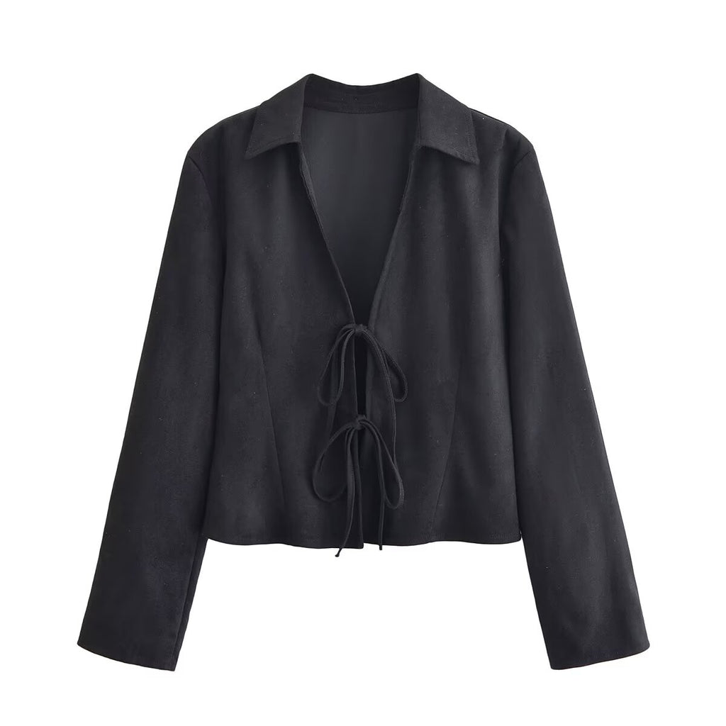 Women's Clothing Winter Graceful Fashionable Suede Effect Long Sleeve Lace Up Shirt