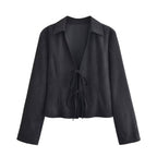 Women's Clothing Winter Graceful Fashionable Suede Effect Long Sleeve Lace Up Shirt