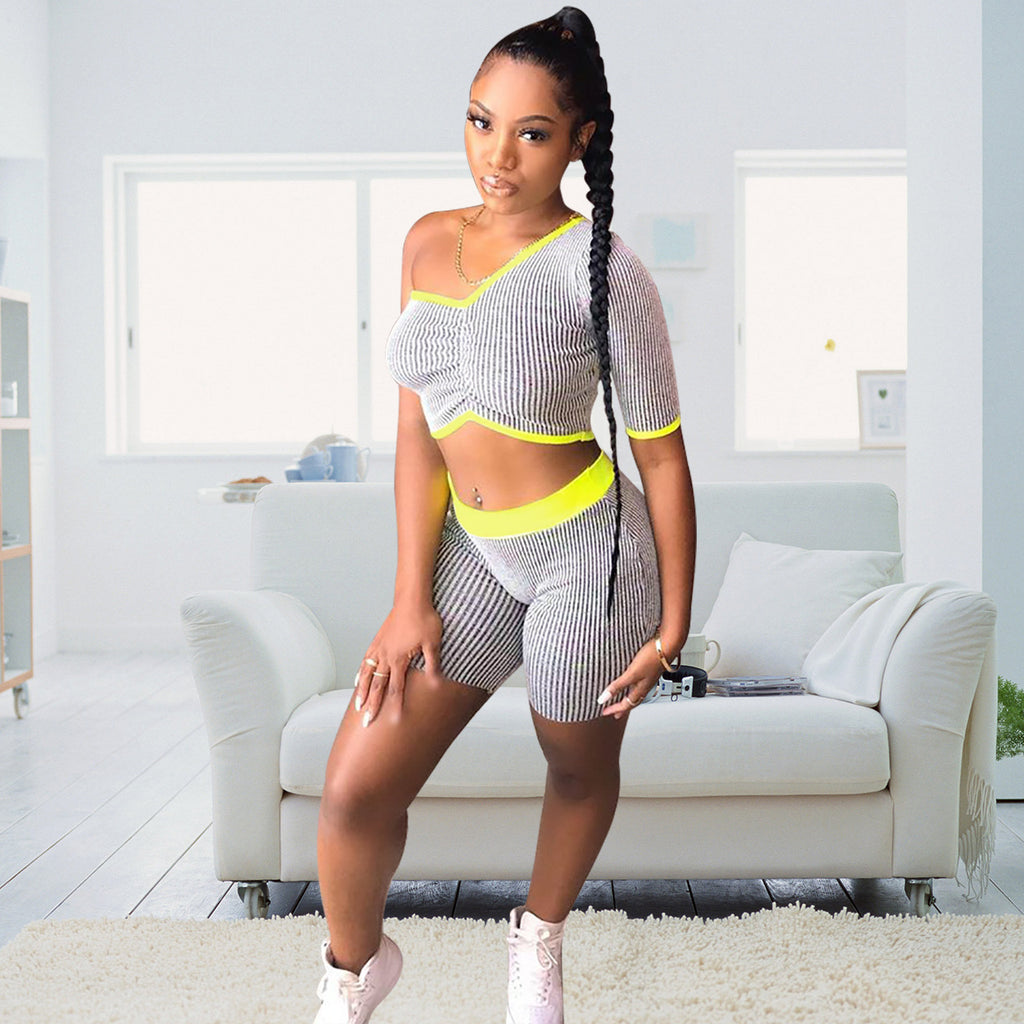 Women's Single Sleeve Striped Sports Coordinated Two-Piece Set