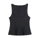 Women's Women Metal Zipper Boat Neck Sleeveless Button Decoration Top