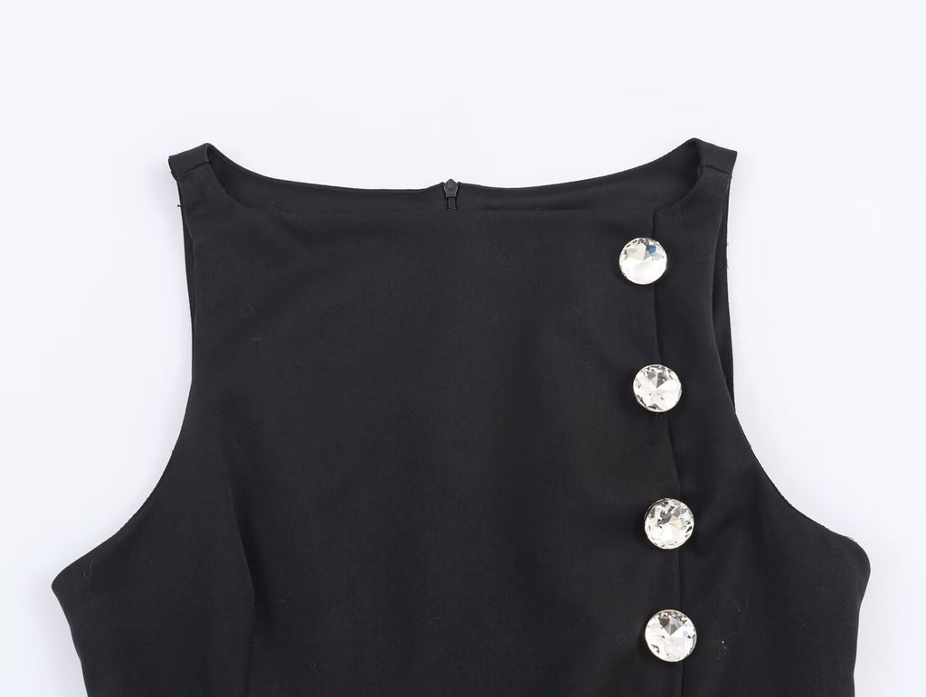Women's Women Metal Zipper Boat Neck Sleeveless Button Decoration Top