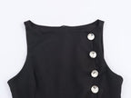 Women's Women Metal Zipper Boat Neck Sleeveless Button Decoration Top