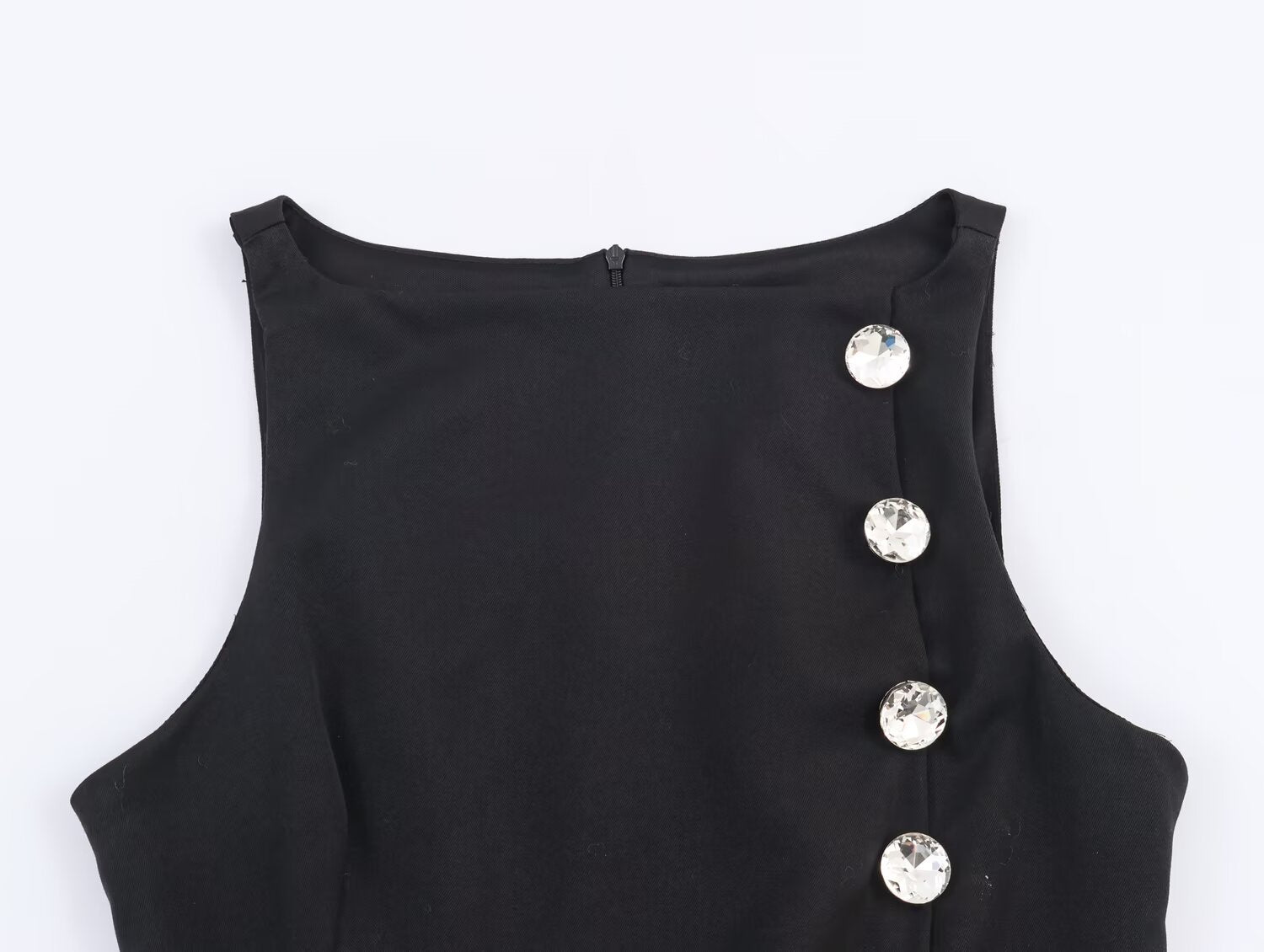 Women's Women Metal Zipper Boat Neck Sleeveless Button Decoration Top