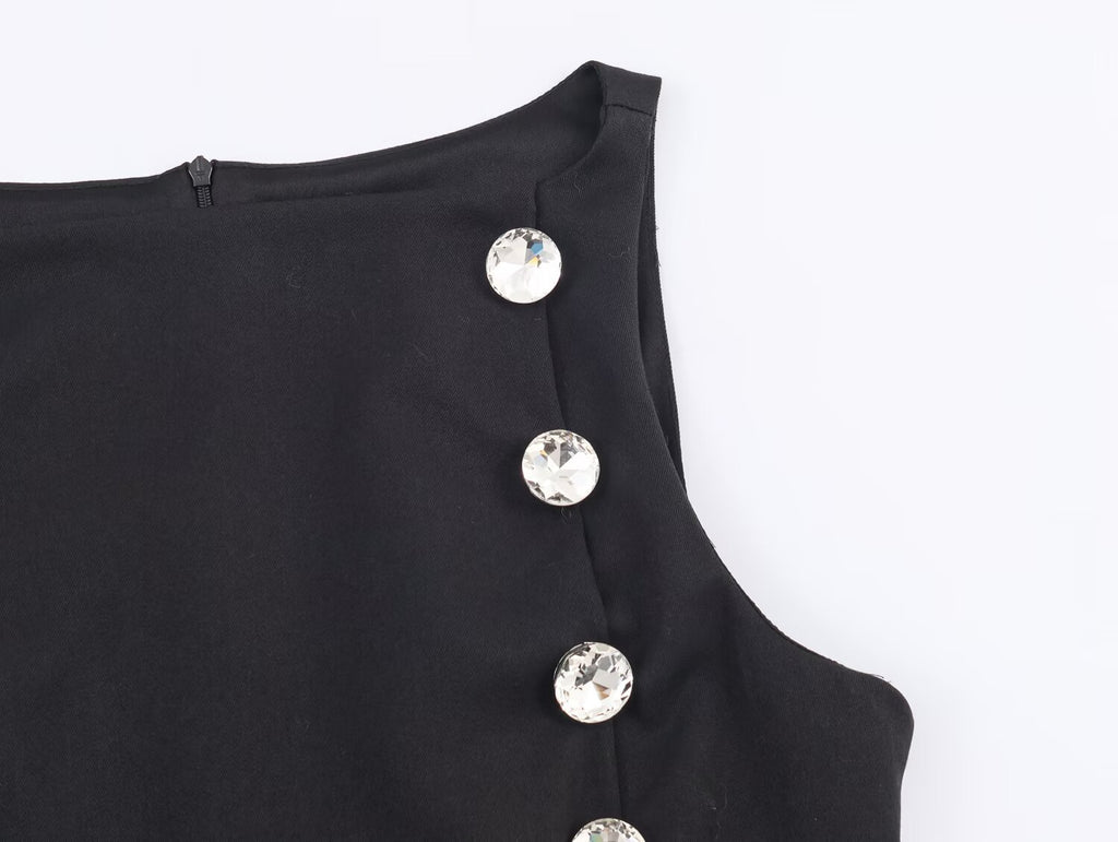 Women's Women Metal Zipper Boat Neck Sleeveless Button Decoration Top