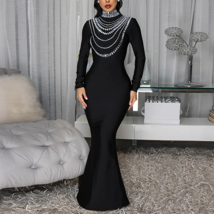 Women's Rhinestone Turtleneck Bodycon Maxi Dress