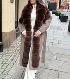 Women's Mid Length Big Fur Collar Woolen Coat Collared Waist Tight S