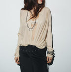 Women's Deep V Plunge Neck Slimming Pleated Long Sleeved T-Shirt