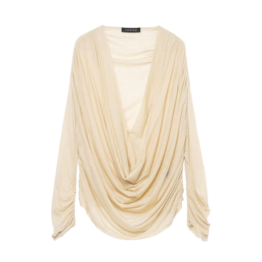 Women's Deep V Plunge Neck Slimming Pleated Long Sleeved T-Shirt