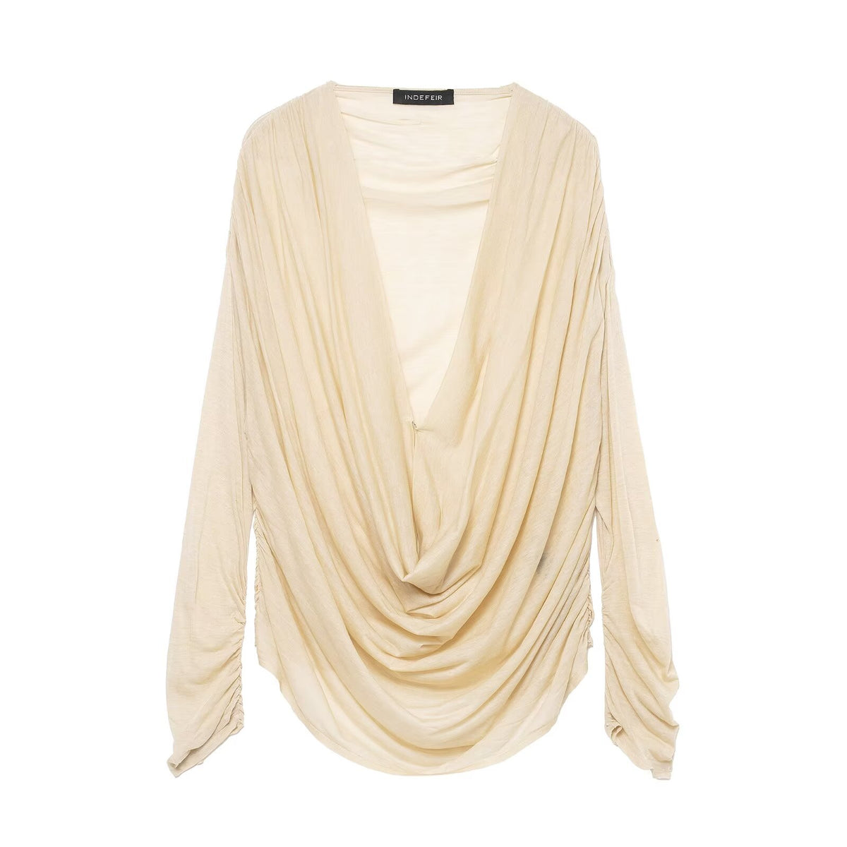 Women's Deep V Plunge Neck Slimming Pleated Long Sleeved T-Shirt
