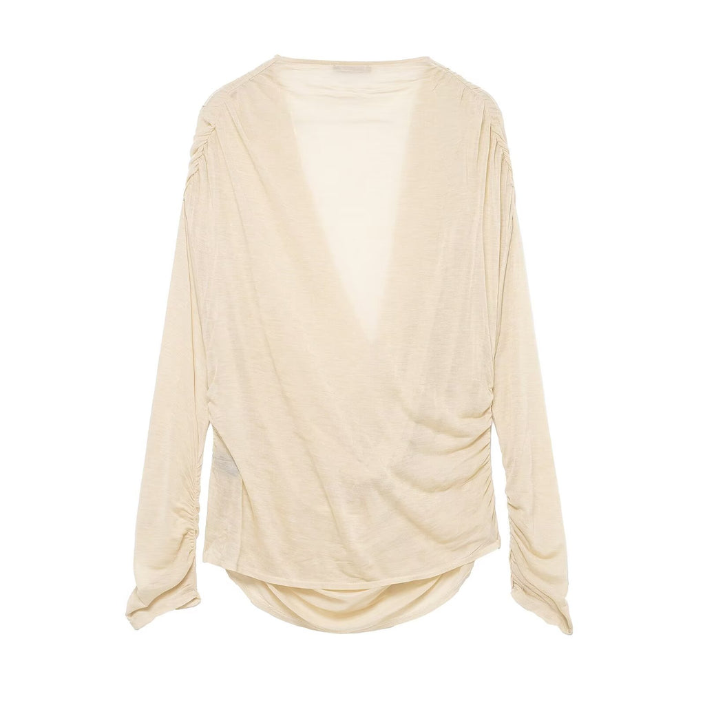 Women's Deep V Plunge Neck Slimming Pleated Long Sleeved T-Shirt