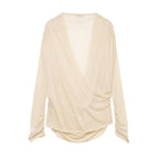 Women's Deep V Plunge Neck Slimming Pleated Long Sleeved T-Shirt