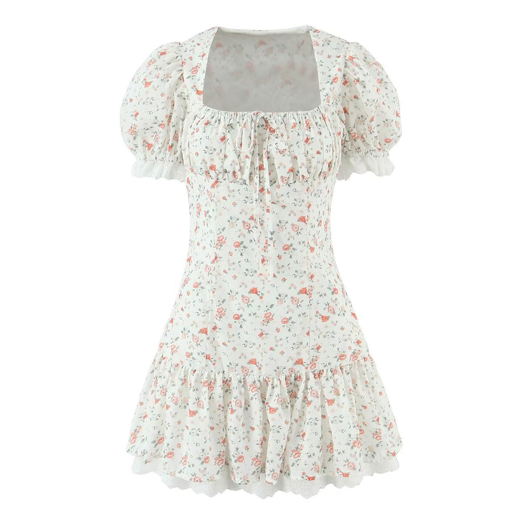 Lace Stitching Print Tight Waist Puff Sleeve Super Fairy Princess