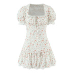 Lace Stitching Print Tight Waist Puff Sleeve Super Fairy Princess