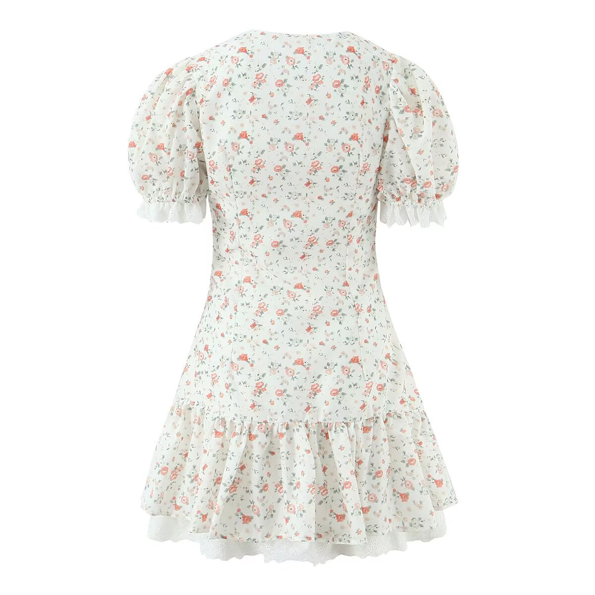 Lace Stitching Print Tight Waist Puff Sleeve Super Fairy Princess
