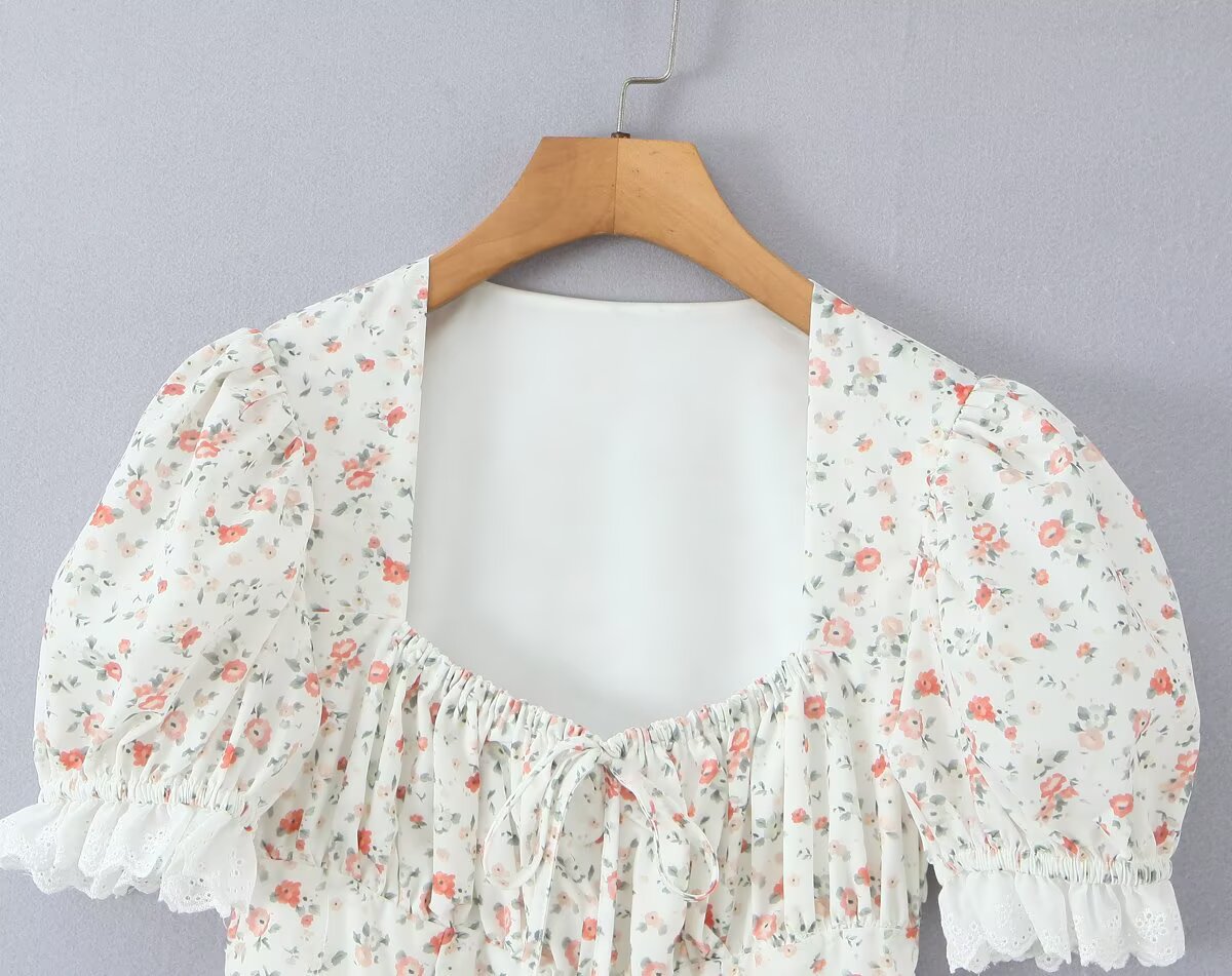 Lace Stitching Print Tight Waist Puff Sleeve Super Fairy Princess