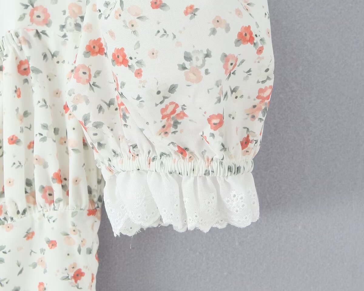 Lace Stitching Print Tight Waist Puff Sleeve Super Fairy Princess