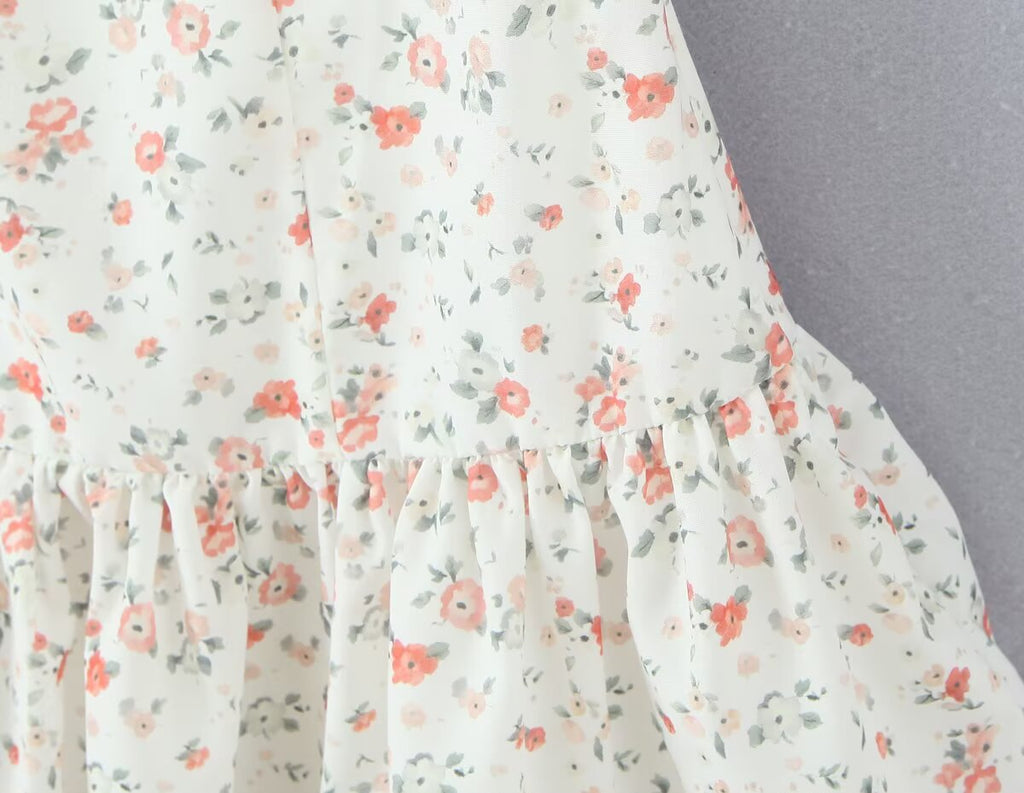 Lace Stitching Print Tight Waist Puff Sleeve Super Fairy Princess