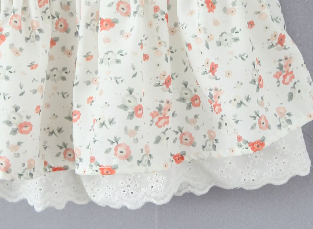 Lace Stitching Print Tight Waist Puff Sleeve Super Fairy Princess