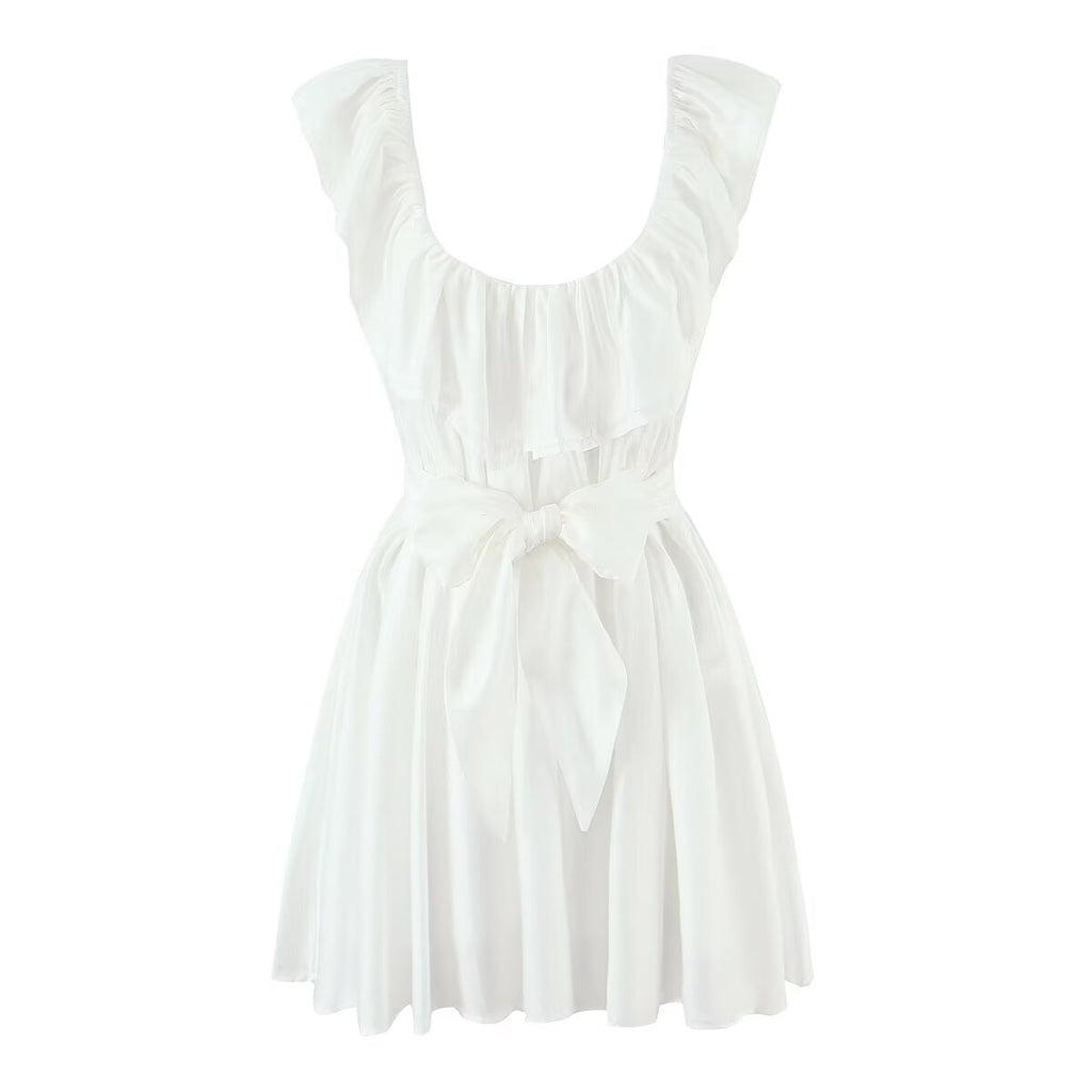 Women's French Sexy Deep U Neck Fitted Waist Bowknot Lace Up Dress Slim Fit Slimming Sexy Vest Dress