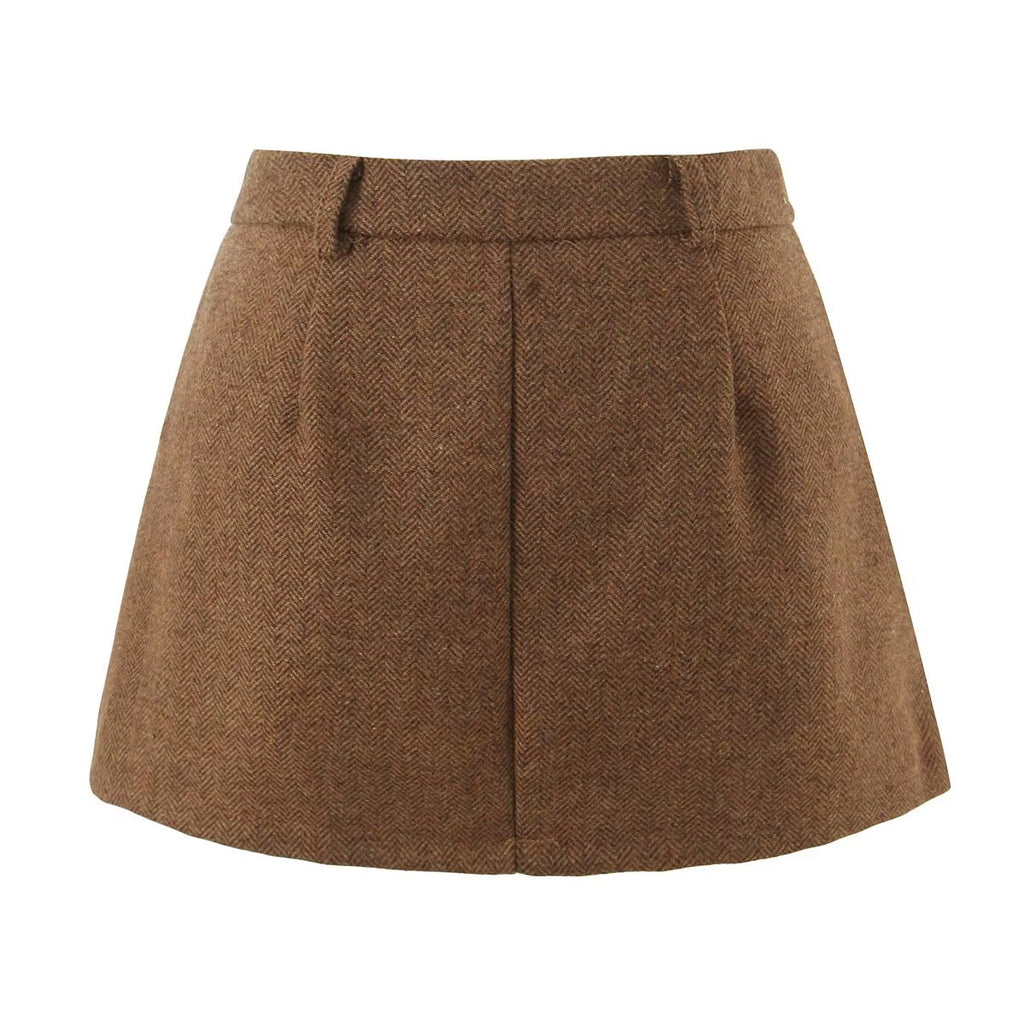 Pure High Waist Herringbone Pattern Woolen Small Skirt