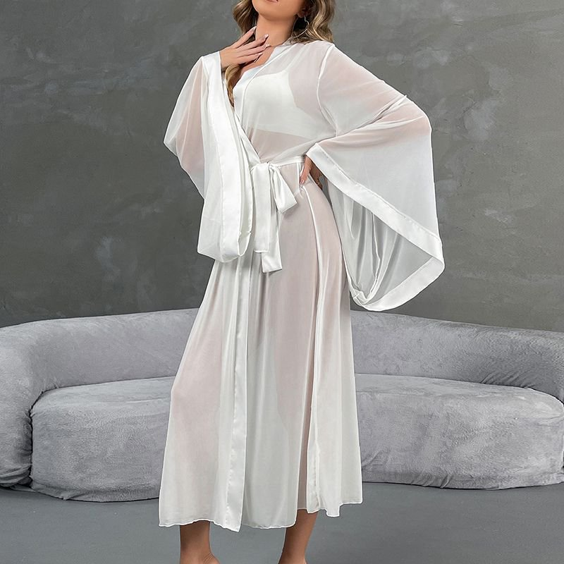Women's Lace Up Cardigan Bathrobe Mesh Morning Gowns Nightgown Sleepwear