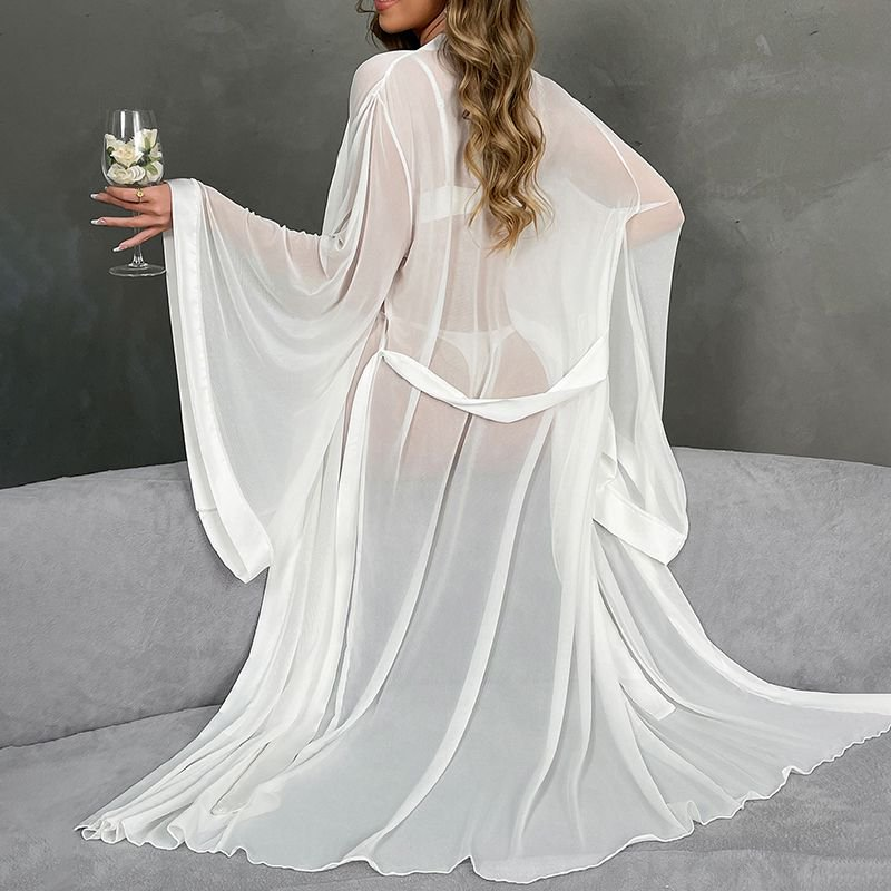 Women's Lace Up Cardigan Bathrobe Mesh Morning Gowns Nightgown Sleepwear