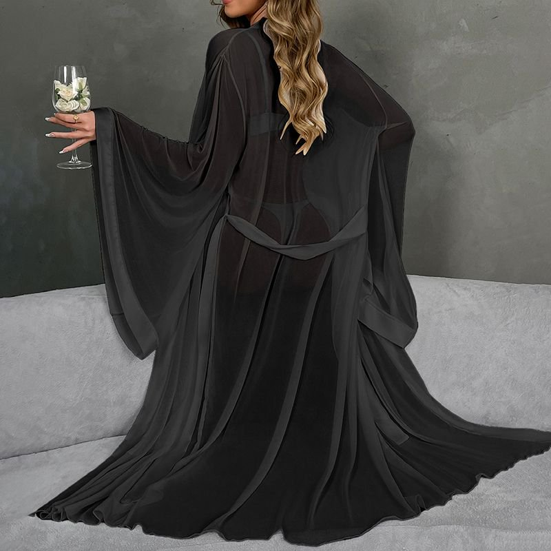 Women's Lace Up Cardigan Bathrobe Mesh Morning Gowns Nightgown Sleepwear