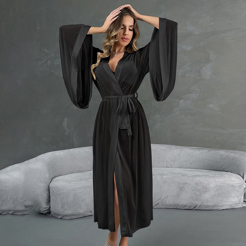 Women's Lace Up Cardigan Bathrobe Mesh Morning Gowns Nightgown Sleepwear