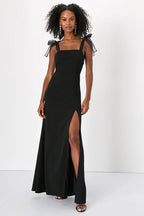 Women's Black Square-Neck Split Maxi Evening Dress