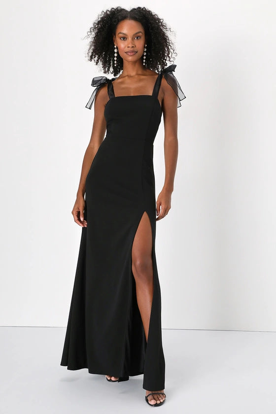 Women's Black Square-Neck Split Maxi Evening Dress