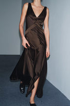 Women's Satin V-Neck Ruched Cutout Maxi Dress