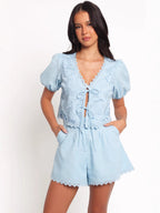 Elegant V-Neck Lace Up Bow Puff Sleeve Top Casual Shorts Set