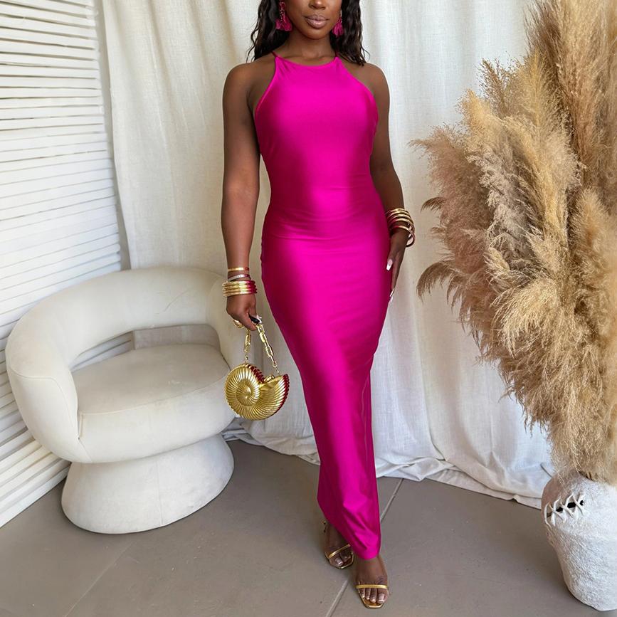 Women's Slim Fit Halter Solid Color Long Dress
